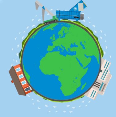 tierra y un compactador de aislamiento, ilustrando la economía circular