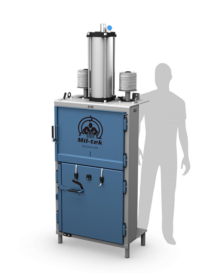 A102-2026-prensa-para-cartón-y-plástico-azul-Miltek